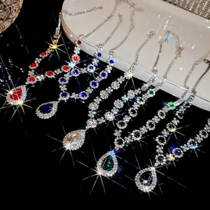 Luxury water drop jewelry set with five colorful crystal pendants and sparkling chain