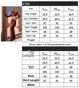 Size guide table for long sleeve top and metal chain skirt set with measurements in cm