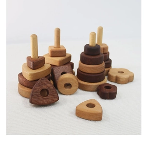 Macro shot of natural wood sorting toy components with geometric blocks on fabric