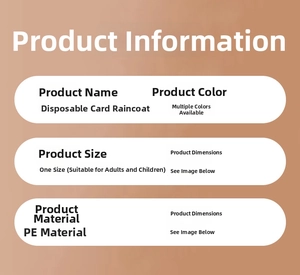 Specifications for portable PE card raincoats showing universal sizing and material details