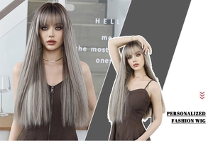 Detailed view of long straight ash blonde ombre wig with bangs and smooth fiber texture