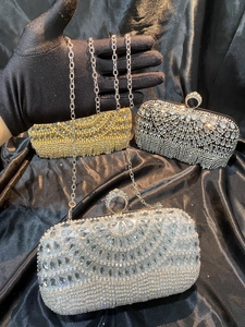 Sparkling rhinestone evening clutch bags in silver gold and black with metal chain strap