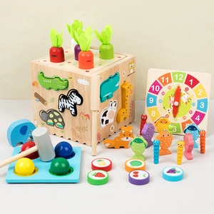 Wooden Activity Cube Montessori Educational Early Learning Fishing Pounding Carrot Harvest Animal Matching Toy For Toddlers