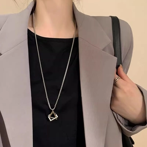 Silver stainless steel long necklace with geometric hollow triangle pendant for women
