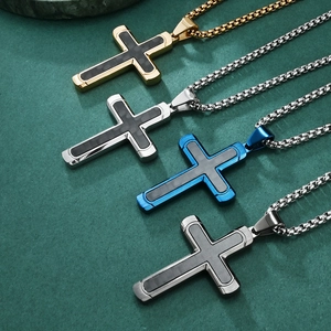 Minimalist stainless steel cross pendants with carbon fiber inlays in four color variants