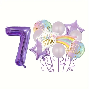 7th Birthday decoration set with purple number seven balloon and happy birthday stars
