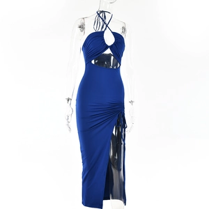 Detailed view of blue halter neck dress with cutout front and high side slit