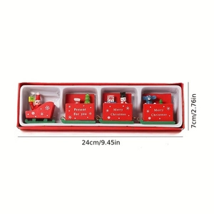 Detailed view of red wooden Christmas train set in gift box with 24cm size markings
