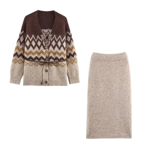 Set In Maglia Jacquard Vintage Per Donna Scollo A V Cardigan Monopetto Top E Gonna Dritta Di Media Lunghezza Con Cintura Caldo Set Maglione