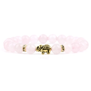 Pink agate beads bracelet featuring a golden elephant charm and rhinestone accents