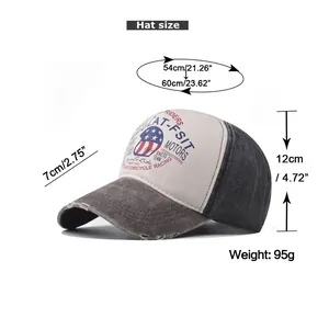 Size chart for washed denim baseball cap detailing hat circumference 54-60cm and visor length