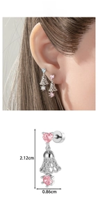 Detailed view of pink heart zircon and lace bell earrings with size measurements