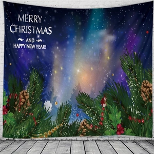 Detailed view of Christmas wall tapestry featuring starry sky and pine branches on white wall