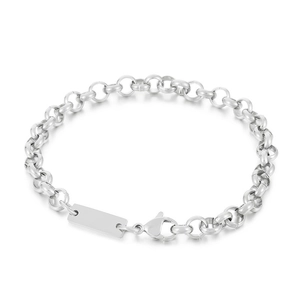 Polished stainless steel chain necklace with blank rectangular tag and lobster clasp