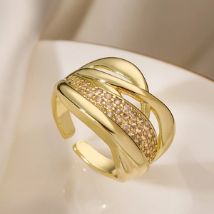 Elegant gold-plated multi-layer crisscross open ring with shimmering zircon accents