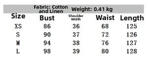Detailed size guide table for V-neck sleeveless linen midi dress showing measurements