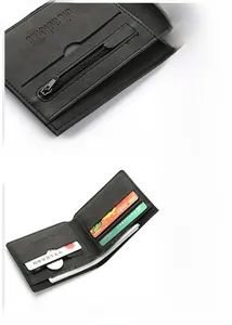 Macro detail of men's slim leather wallet interior with card slots and metal zipper pocket