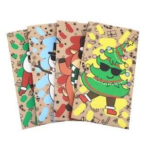 Christmas kraft paper bag set featuring Santa, snowman, elk, and tree illustrations