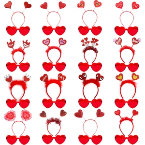 Set of 16 Valentine's Day headbands and red heart-shaped glasses in a grid display