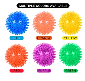 Multiple colors of spiked TPR dog toys shown in a grid including blue and orange