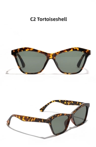 Detail view of tortoise shell cat-eye sunglasses with dark green lenses from multiple angles