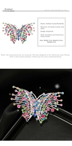 Detailed size guide for retro rhinestone butterfly brooch showing 7cm width and 4.5cm height