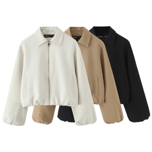 Veste Courte À Revers Et Fermeture Éclair Pour Femmes Puffy Manches Longues Décontractée Bomber Mode