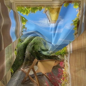 Detailed close-up showing the smooth silk texture and vivid landscape print of the tapestry