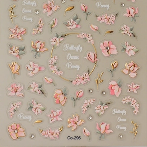 5D embossed gold floral nail stickers with pink peonies, butterflies and shiny rhinestones