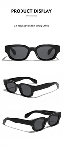 Detailed views of vintage chunky cat eye sunglasses in glossy black with grey lenses