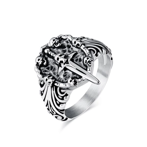 Vintage gothic skull and holy sword stainless steel ring for men in dark punk style