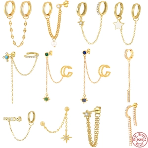 925 Sterling Silver Ear Cuff Chain Tassel Earrings Gold Plated Star Heart Rhinestone Artificial Pearl Drop Earrings Jewelry For Women