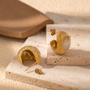 Elegant gold-plated C-shaped stainless steel earrings with textured beads and opal gemstone
