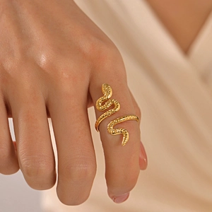 Adjustable 18k gold plated stainless steel snake ring with realistic scale texture