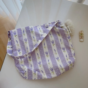Lavender floral cotton tote bag with Swiss dot texture and striped single shoulder design