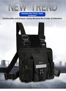 Close-up of black tactical vest bag with multiple pockets and reflective safety strips
