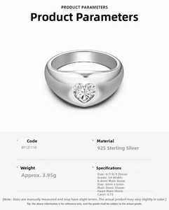 Detailed specs of S925 sterling silver ring with 0.75ct heart cut cubic zirconia stone