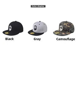 Three-color snapback caps display including black, grey-black, and jungle camouflage