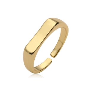 Polished 18K gold plated rectangular signet ring with adjustable open band design