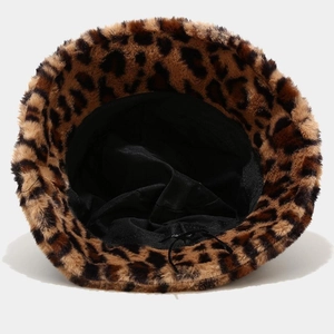 Detail view of leopard print plush bucket hat lining with adjustable drawstring