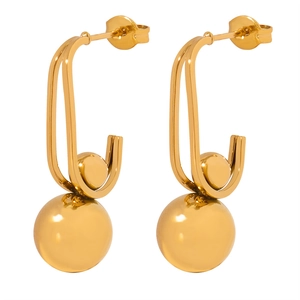 Unique geometric titanium steel earrings with double J splice and gold steel ball pendants