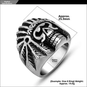 Detailed macro view showing vintage skull ring dimensions and 19.0g weight data