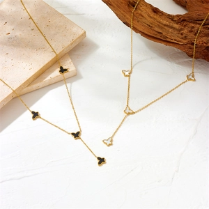 Titanium steel Y-shape necklace featuring dual shell butterfly pendants on natural stone