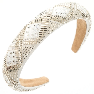 Handmade beaded wide headband with silver sequins and geometric diamond patterns on white