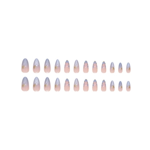 Almond cat-eye press-on nails with light purple gradient, floral art and gold foil accents