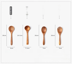 Detailed size specifications of teak wood kitchen tool set including soup ladles and forks
