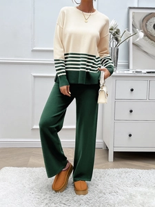 Women's 2-piece knit set with beige and dark green striped sweater and wide-leg pants