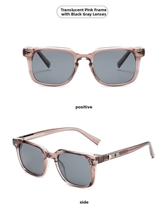 Detail of translucent pink square frame sunglasses with metal accents and dark grey lenses