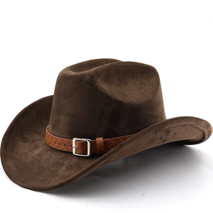 Chapeau De Cowboy Occidental Faux Daim Large Bord Rétro Fedora Ceinture En Cuir Tressé Boucle Métallique Unisexe