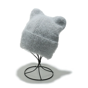 Winter Warm Women Knit Beanie Hat Faux Mink Fur Cute Cat Ears Thick Windproof Casual Solid Color Pullover Cap Fashion